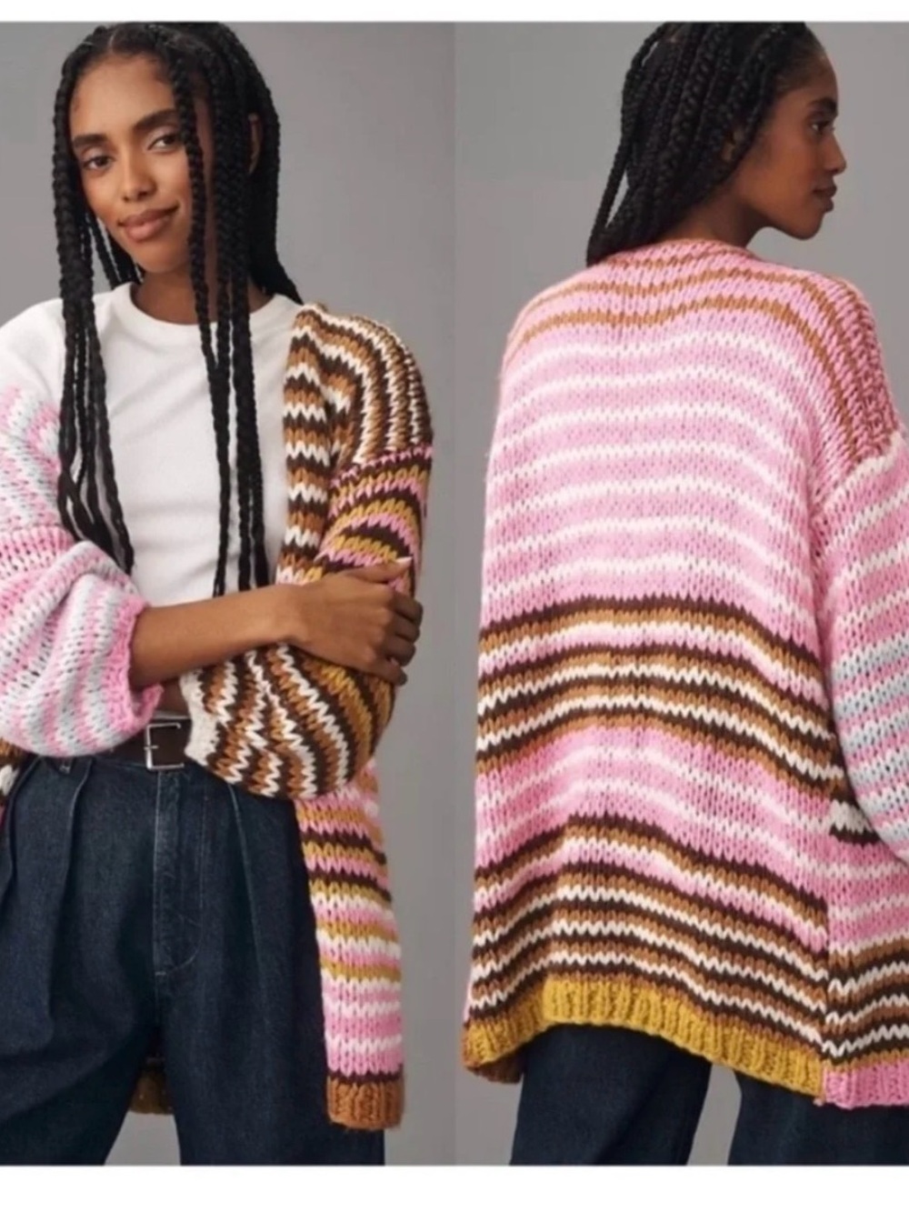 Anthropologie Pink Brown Mustard Striped Chunky Knit Cozy Open Cardigan OS